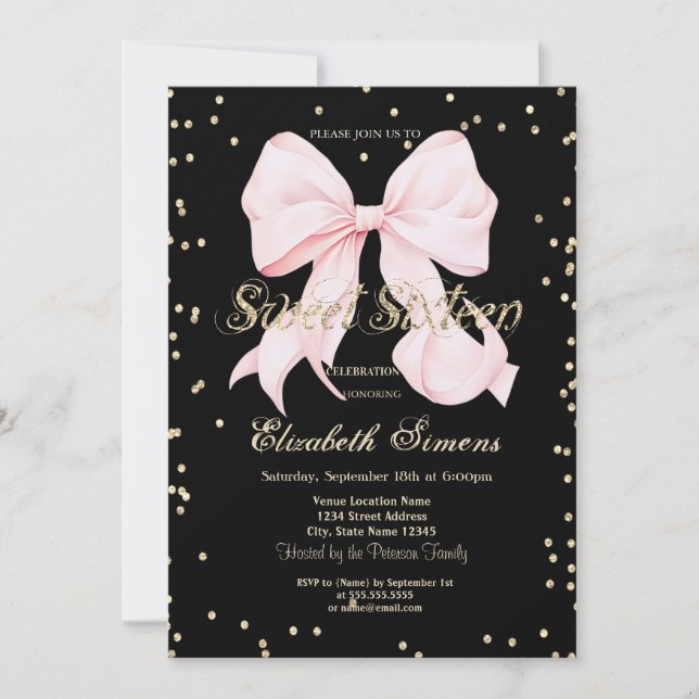 Invitation Princesse Sweet 16 Diamants Ruban Rose (Devant)