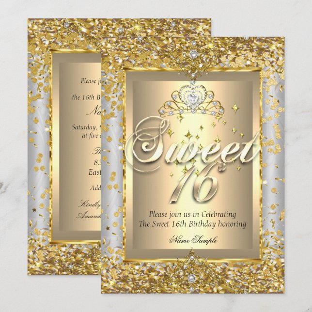 Invitation Princesse Sweet 16 Or Argent Gris Fête (Devant / Derrière)