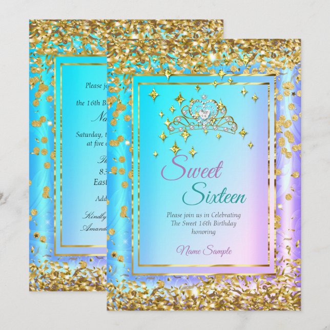 Invitation Princesse Sweet 16 Or Bleu Vert Pourpre Fête (Devant / Derrière)