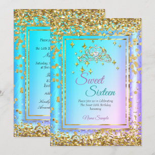 Invitation Princesse Sweet 16 Or Bleu Vert Pourpre Fête