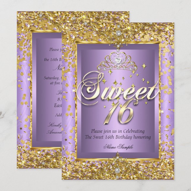 Invitation Princesse Sweet 16 Or Lavande Violet Fête (Devant / Derrière)