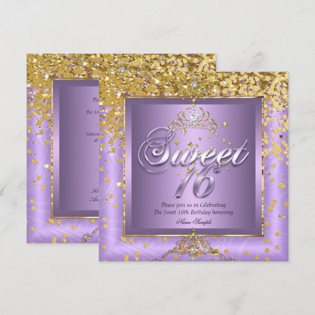 Invitation Princesse Sweet 16 Or Lavande Violet Fête 2 (Devant / Derrière)