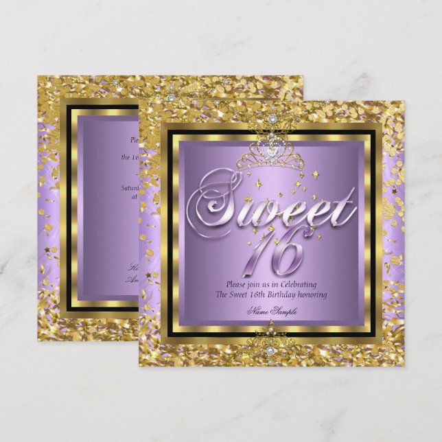 Invitation Princesse Sweet 16 Or Lilas Violet Fête (Devant / Derrière)