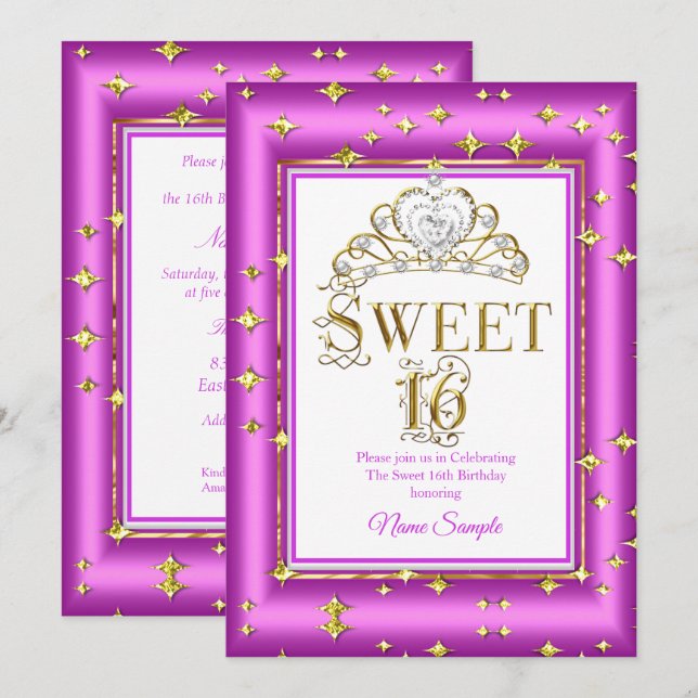 Invitation Princesse Sweet 16 Or Rose Violet Fête d'anniversa (Devant / Derrière)