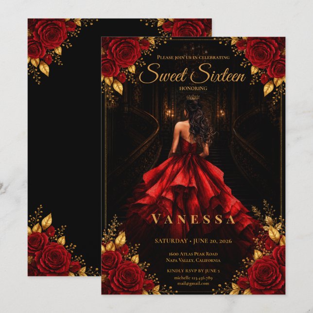 Invitation Princesse Sweet 16 Rouge Or (Devant / Derrière)