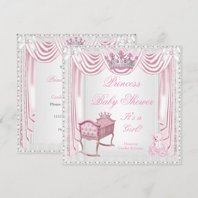 Invitation Princesse Tiara Baby shower Berceau Rose Dentelle  (Devant / Derrière)