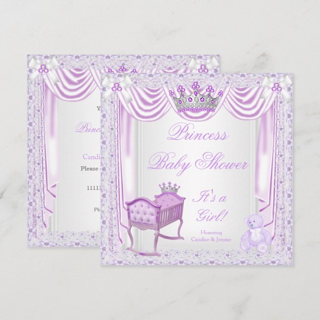 Invitation Princesse Tiara Baby shower Lilac Berceau Satin De (Devant / Derrière)