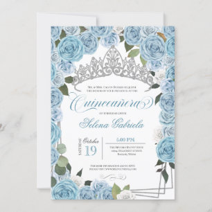 Invitation Princesse Tiara Bleu clair Roses V2 Quinceanera