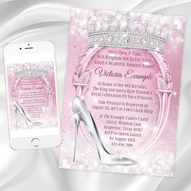 Invitation Princesse Tiara Cendrillon Sandale de Verre Annive (Princess Birthday Invitation with glass slipper and tiara. Any occasion princess invitation. )