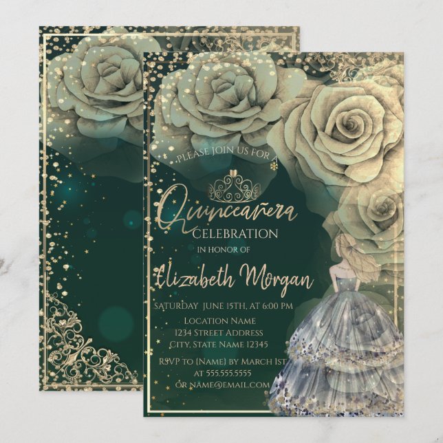 Invitation Princesse, Tiara doré, Diamants Roses  (Devant / Derrière)
