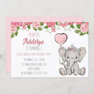 Invitation Princesse Tiara Elephant rose Floral 1er anniversa