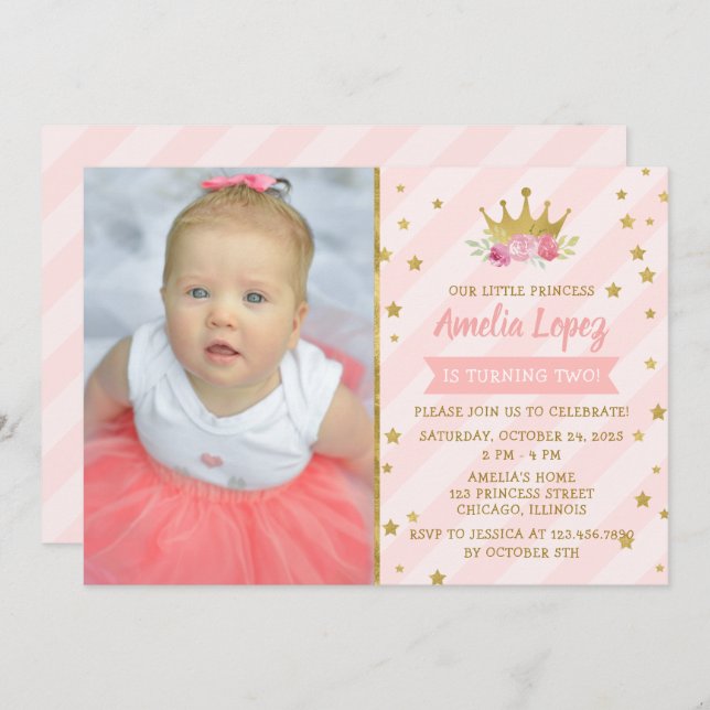 Invitation Princesse Tiara Fille fête d'anniversaire (Devant / Derrière)