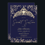 Invitation Princesse tiara or parties scintillant marine phot<br><div class="desc">Chic princesse tiara couronne coeur en forme de parties scintillant d'or scintillants et bleu marine photo Sweet 16 anniversaire fête,  avec un script chic calligraphie. Ajoutez votre photo à l'arrière. Contactez-moi pour changer la police principale.</div>