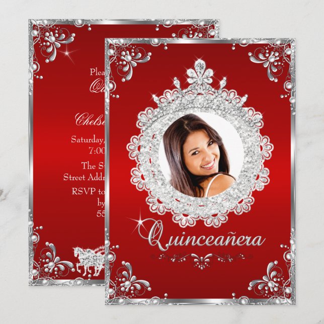 Invitation Princesse Tiara Red Silver Sparkle Quinceanera (Devant / Derrière)