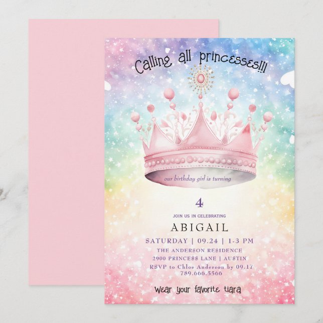 Invitation Princesse Tiara Rose couleur fille fête d'annivers (Devant / Derrière)