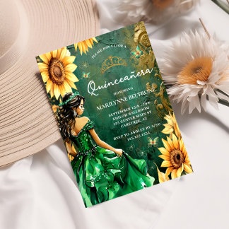 Invitation Princesse Tournesol Vert Or Quinceañera