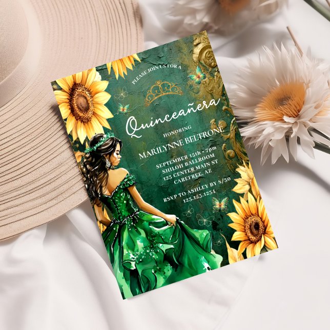Invitation Princesse Tournesol Vert Or Quinceañera (Créateur téléchargé)