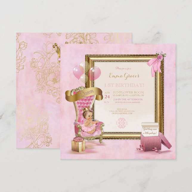 Invitation Princesse Trône Velours Rose Couronne Or Anniversa (Devant / Derrière)