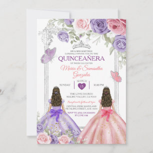 Invitation Princesse Twin Argent Violet Et Rose Quinceañera