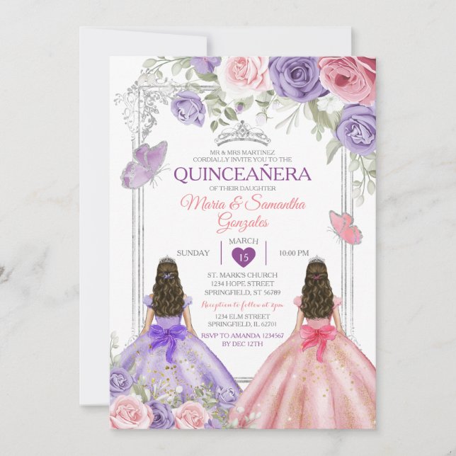 Invitation Princesse Twin Argent Violet Et Rose Quinceañera (Devant)