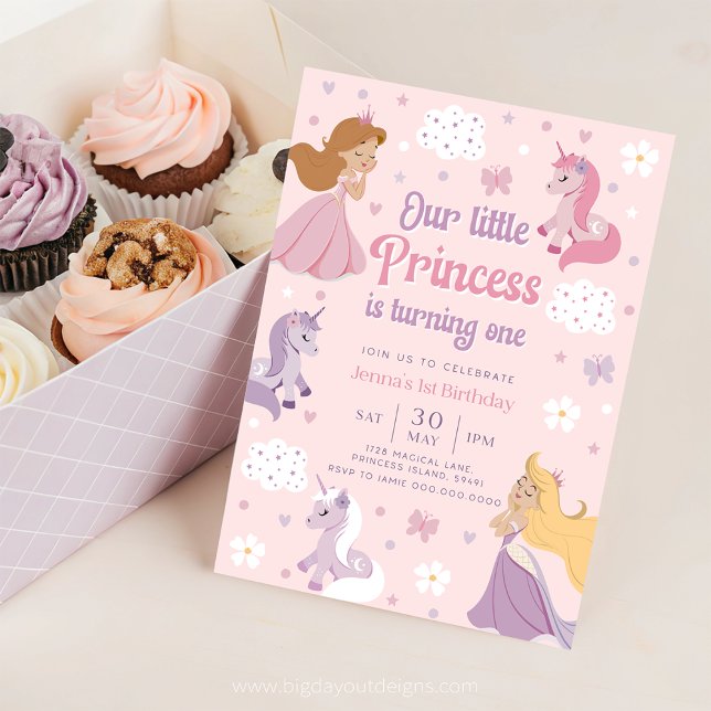Invitation Princesse Une. Notre Petite Princesse (Princess and Unicorn Pink 1st Birthday Invitation)