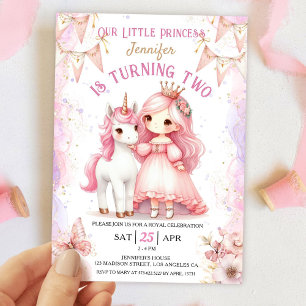 Invitation Princesse Unicorn 2e anniversaire fille rose