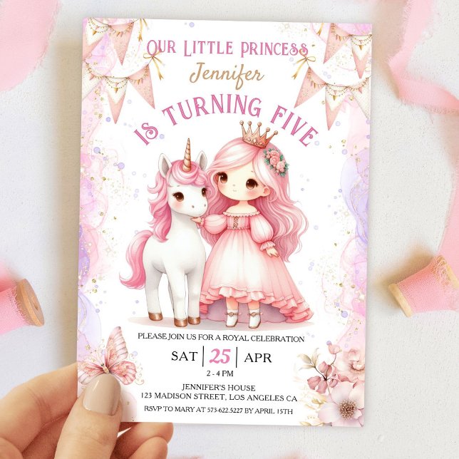 Invitation Princesse Unicorn 5e anniversaire Girl Pink Invita (Créateur téléchargé)