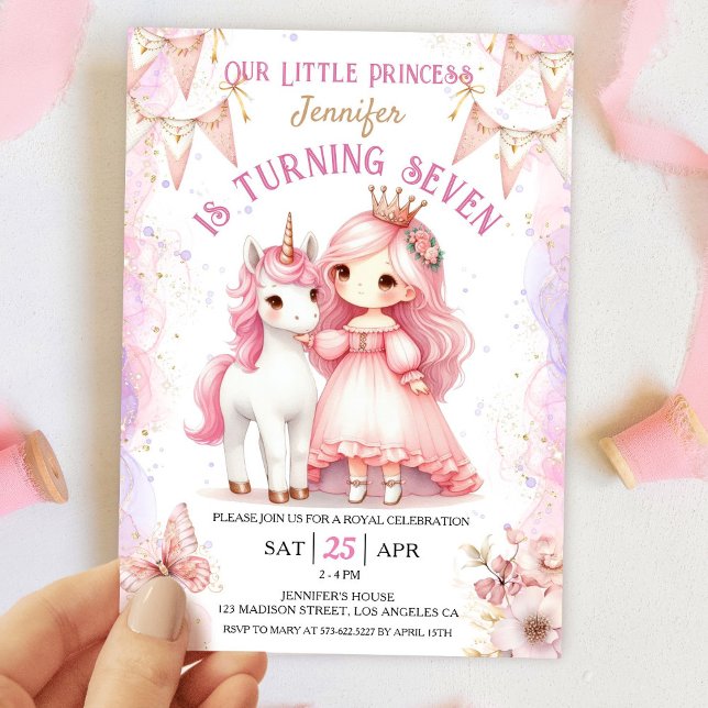 Invitation Princesse Unicorn 7e anniversaire Girl Pink Invita (Créateur téléchargé)