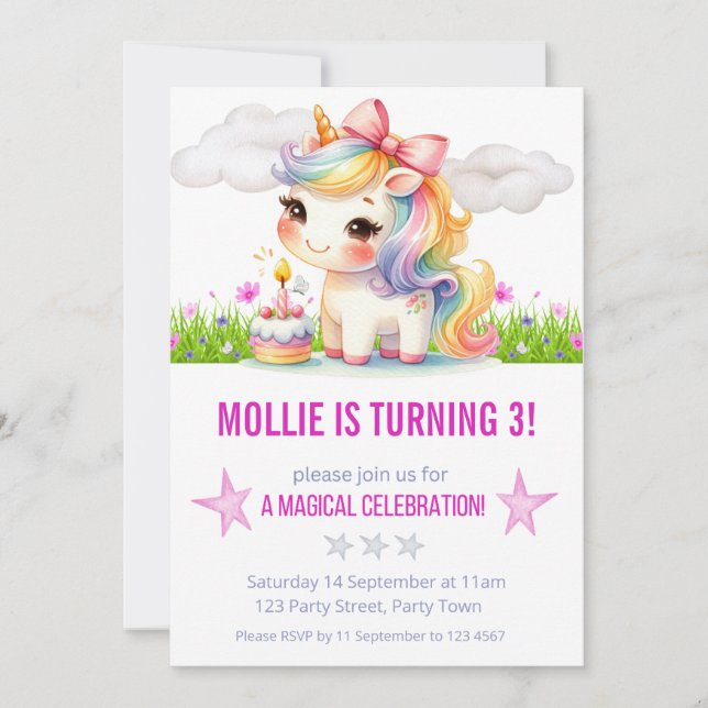 Invitation Princesse Unicorn fête d'anniversaire (Devant)