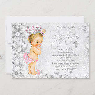 Invitation Princesse vintage Baptême rose et gris