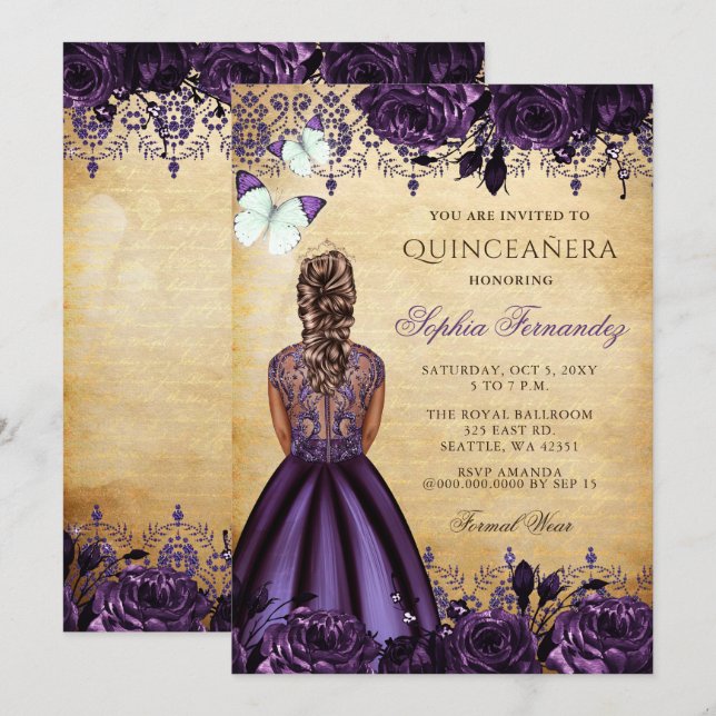 Invitation Princesse vintage Papillon pourpre Quinceañera (Devant / Derrière)