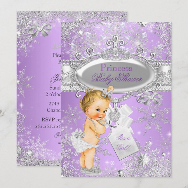 Invitation Princesse Violette Fête Prénatale Hiver Bébé Blond (Devant / Derrière)