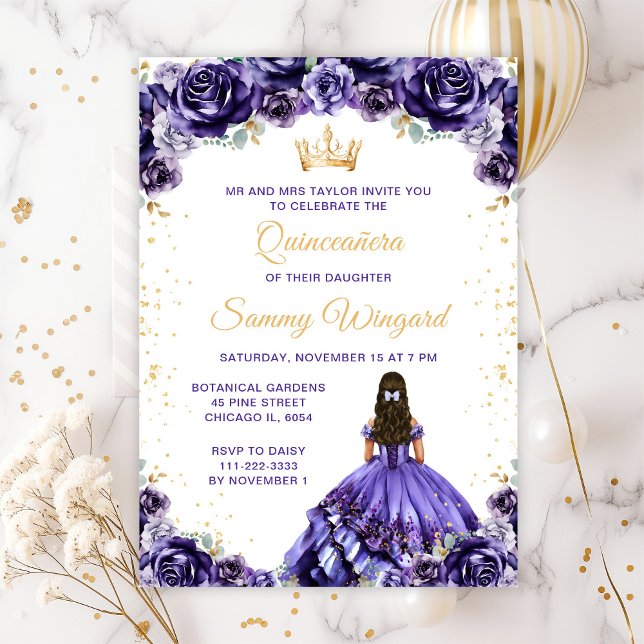 Invitation Princesse violette foncée Floral Quinceañera (Créateur téléchargé)