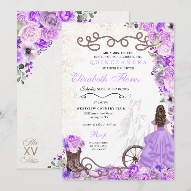 Invitation Princesse violette occidentale Floral Charra Quinc (Devant / Derrière)