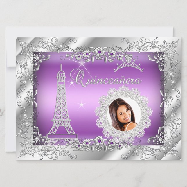 Invitation Princesse violette Quinceanera Silver Photo BIG (Devant)