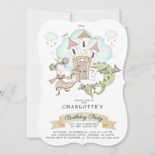 Invitation Princesse Watercolor Castle Dragon Girl'Anniversai