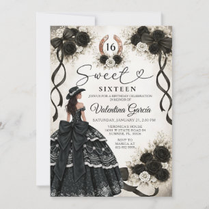 Invitation Princesse Western Black Roses Sweet 16 Anniversair