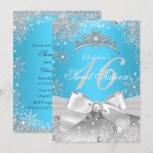Invitation Princesse Winter Wonderland Blue Sweet 16 (Devant / Derrière)