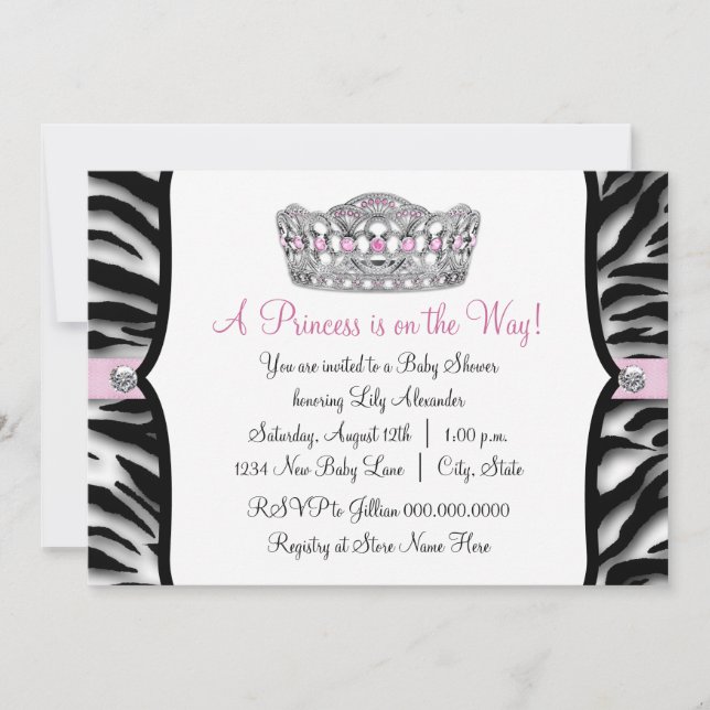 Invitation Princesse Zèbre Rose Fête de Naissance Bébé Fille  (Devant)