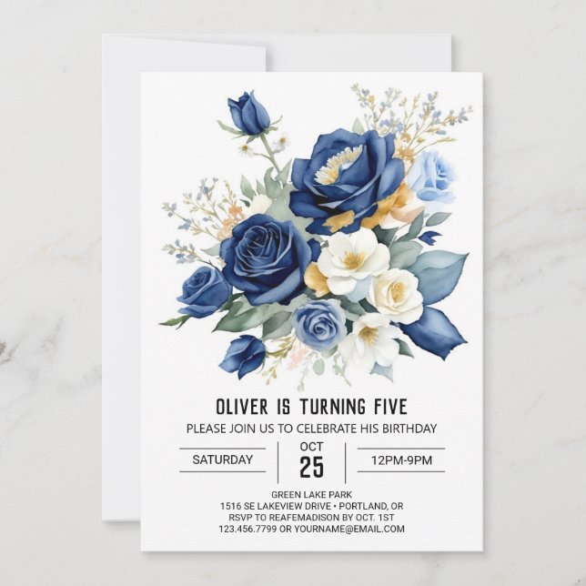 Invitation Printable Floral Bleu Anniversaire (Devant)