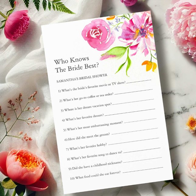 Invitation Printable Floral Bridal Shower Questions Game (Printable bridal shower games with a Love is in Bloom theme by Do tell A Belle)