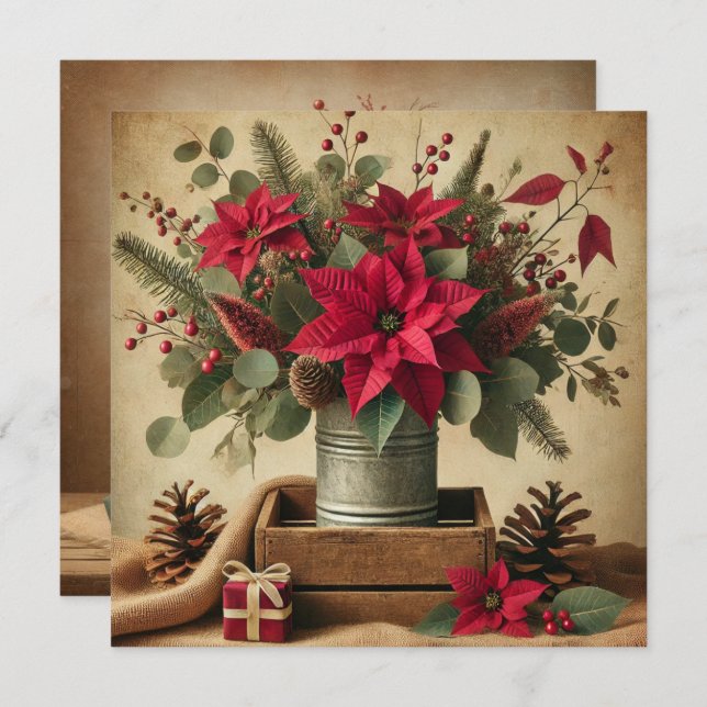 Invitation Printable Rustique Vintage Noël Poinsettia (Devant / Derrière)