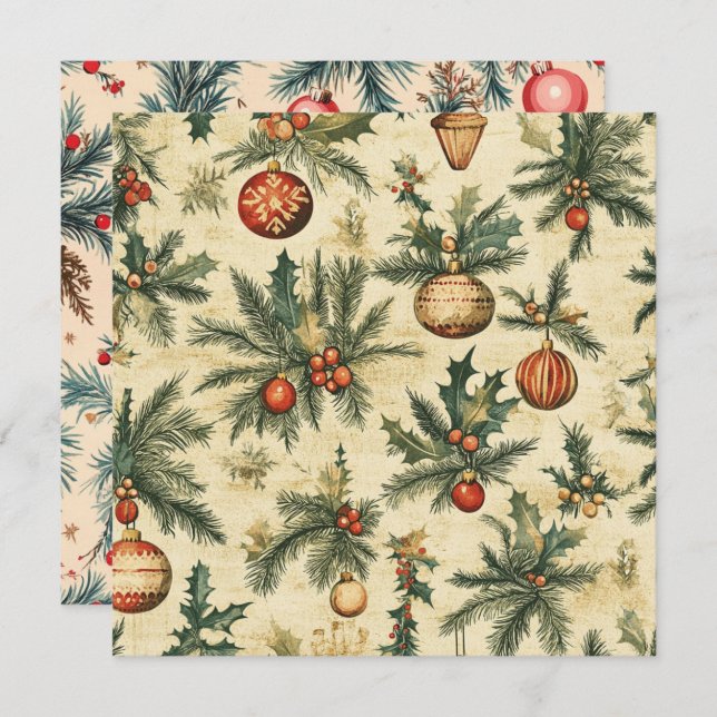 Invitation Printable Vintage Noël Baubles et Branches (Devant / Derrière)