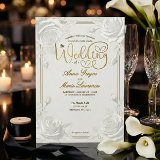 Invitation Printed Embossed White Rose Faux Gold Wedding