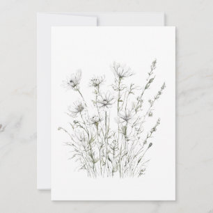 Invitation Printemps 50 fleurs, dessin en ligne, minimaliste,