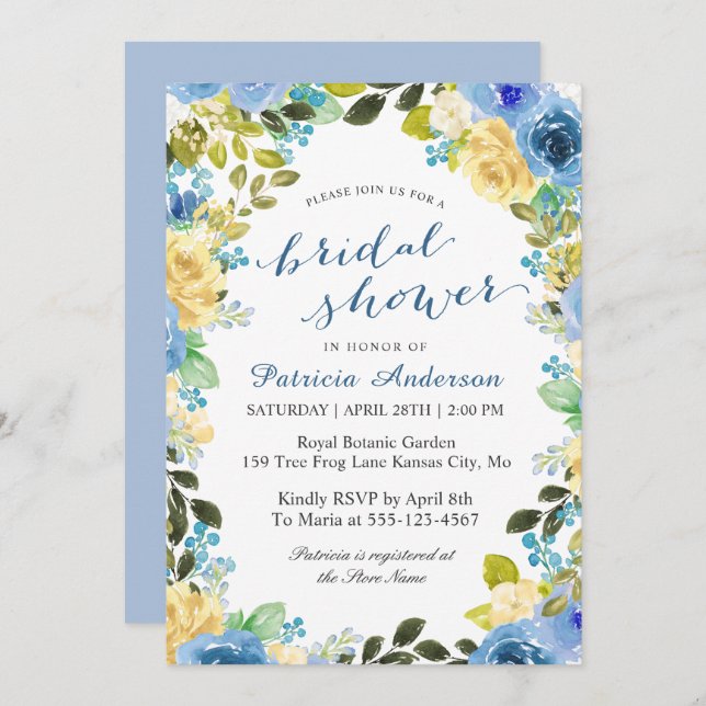 Invitation Printemps bleu jaune Floral Romantique Mariage (Devant / Derrière)
