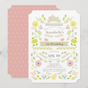 Invitation Printemps Floral Bunny Rose fille 1er anniversaire