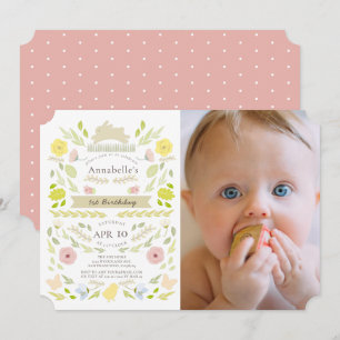 Invitation Printemps Floral Bunny Rose Girl Photo 1er anniver