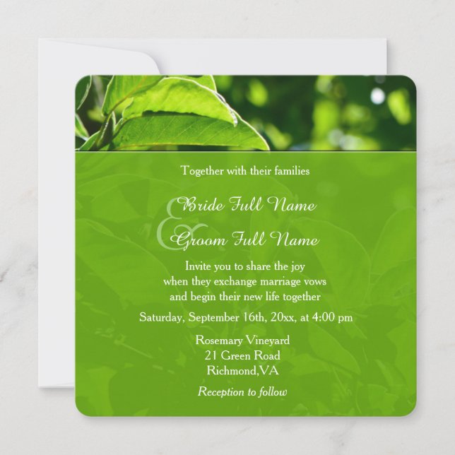 Invitation Printemps rafraîchissant, été vert feuille mariage (Devant)