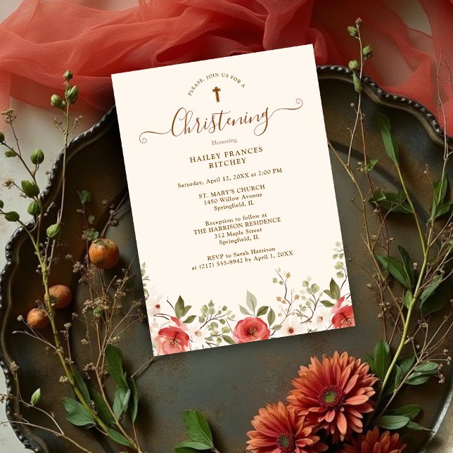 Invitation Printemps romantique Roses et Fleurs Baptême (Romantic Spring Roses and Flowers Baptism Invitation Card Design.)